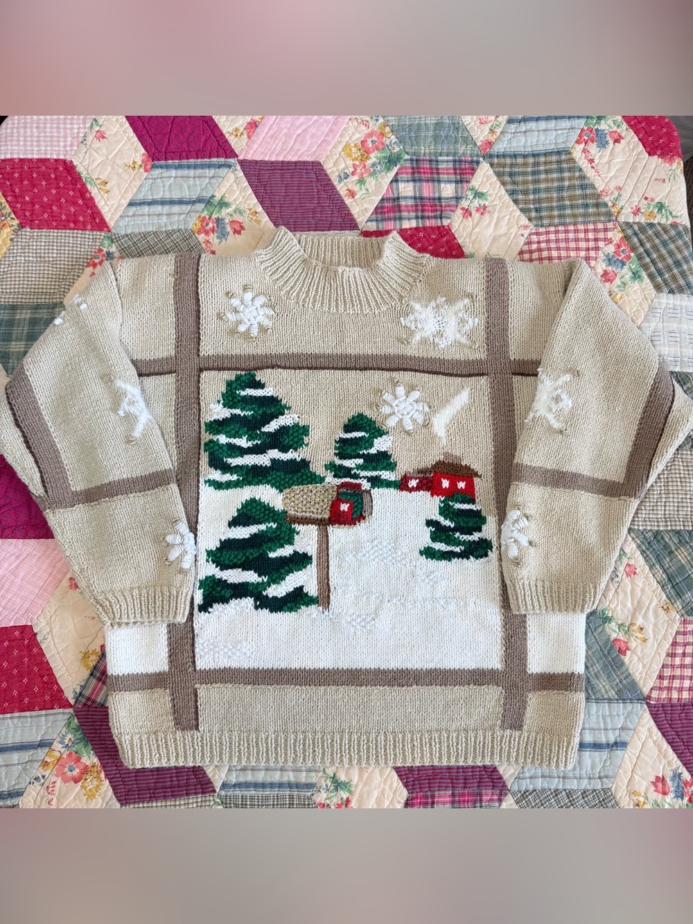 Vintage Talbots Hand Knit Christmas Sweater M Snowy Pines Mailbox Ramie Cotton